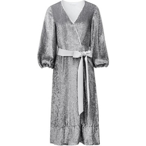 New York Alice + Olivia Silver Sequin Wrap Midi Dress Size 8 - Picture 6 of 12